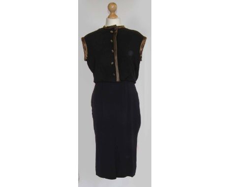 Hardy Amies 1970's vintage dress, from the 'ready to wear' collection, black with olive green ribbon trim and buttons, calf-l