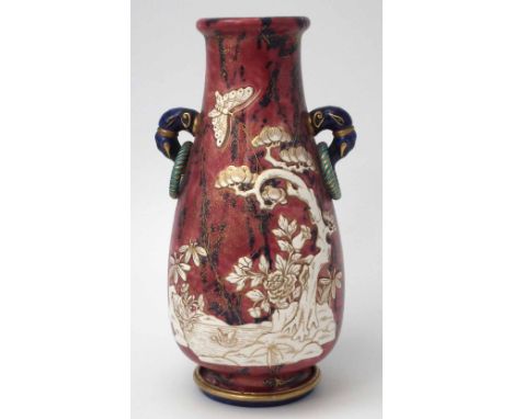 Royal Worcester 'Oriental style' vase circa 1870, with twin elephant mask and ring handles, moulded with a gilded Chinoiserie