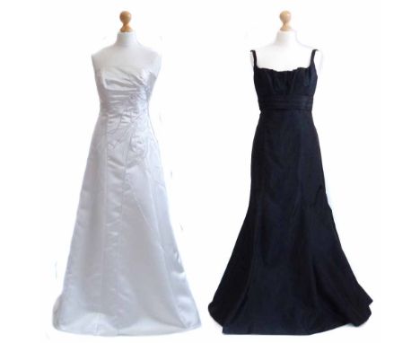 2 full length occassional dresses, one navy with gathered bust and sash fastening by 'Jim Hjelm Occassions' (no size, presume