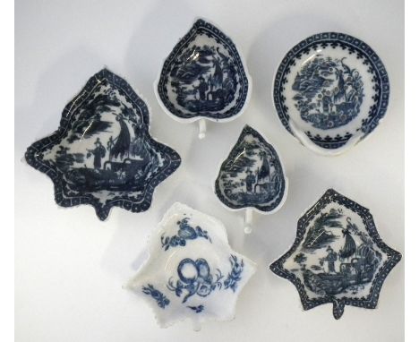 Collection of Caughley, Worcester and Coalport small dishes circa 1780-1800   to include three vine leaf pickle dishes, a str
