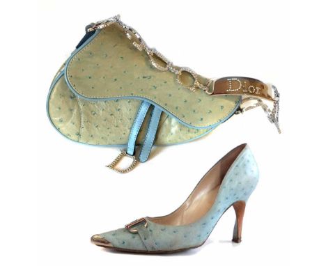 Christian Dior ostrich saddle bag and matching shoes, green leather with blue piping and trims to the bag, silver tone hardwa