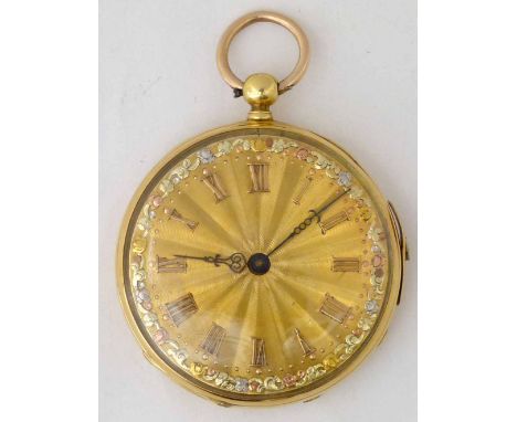 Swiss 18ct gold cased pocket watch, gilt sunburst Roman dial, engine turned back, Swiss key-wind movement with hour repeat on