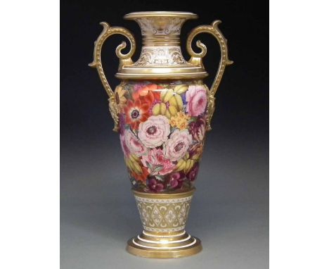 Magnificent Bloor Derby ‘Long Tom’ vase circa 1825, with twingilt scrolling handles, finely painted with a densely packed pan