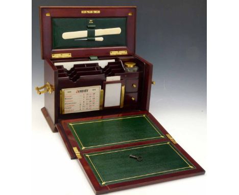 Mahogany stationery and writing box with calendar cards for 1902, the fall front and rising top revealing a fitted interior, 