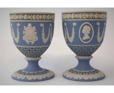 Two Wedgwood diced tri-colour jasper goblets, one decorated with Queen Elizabeth II and the Duke of Edinburgh, the other with