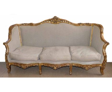 Early 20th century gesso show framed three seat sofa of French design, reupholstered with tan cotton fabric, 198cm (78") wide