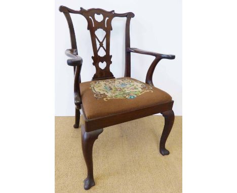 George II red walnut carver chair, Chippendale design back with pierced splat, out swept scroll arms, loose seat with wool wo