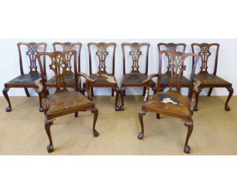 Set of eight Edwardian mahogany framed Chippendale design dining chairs, comprising of two open arm carvers, six singles, eac
