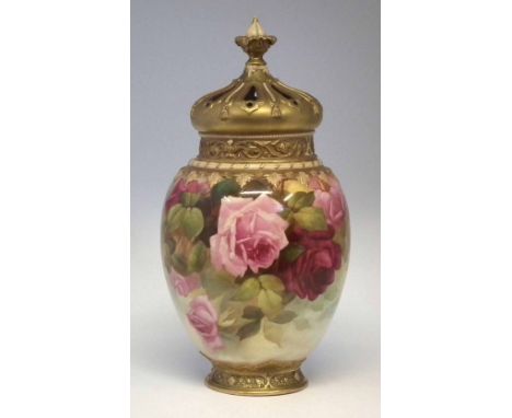 Large Royal Worcester lidded potpourri vase signed Sedgley, with pierced outer cover, painted with roses, date code for 1917,
