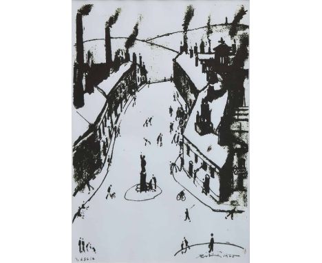 Harold Riley (1934-) and Laurence Stephen Lowry R.A. (British, 1887-1976), Street scene with figures, signed by both Harold R