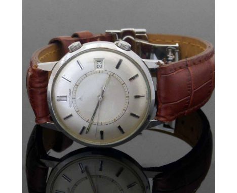 Jaeger-LeCoultre stainless steel Jumbo Date Alarm wristwatch, 1960's, case 1240743, 36mm, silvered dial, bar numerals, date a