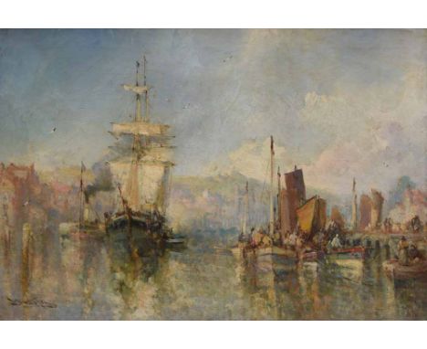 Stephen Frank Wasley (1848-1934), Harbour scene possibly Whitby, signed, oil on canvas, 49.5 x 75cm.; 19.5 x 29.5in. * He exh