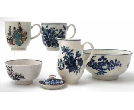 Worcester circa 1770 to include two coffee cups, one painted with oriental figures, one printed with Three Flower pattern, a 