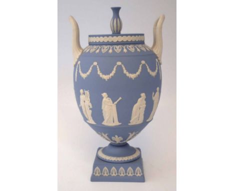 Wedgwood light blue jasper twin handled lidded vase, mid 20th century, (2) 30cm high     Condition report: Firing crack to th