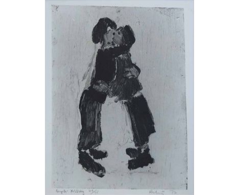 After Harold Riley (1934-),   "Couple Kissing", signed, dated '72 and numbered 49/75 in pencil in the margin, lithograph, ima