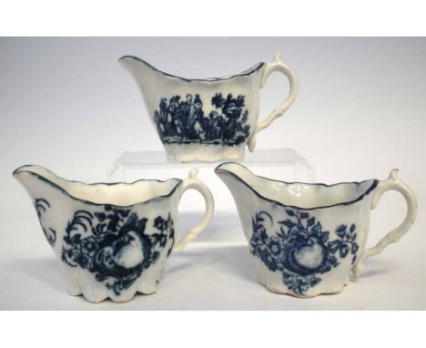 Three low Chelsea ewers, two by Caughley and one by Worcester circa 1780,  printed with Image pattern, the other two with fru