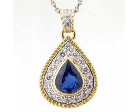 Pear shaped sapphire, indicated 2.29ct, in 750 yellow gold surrounded by diamonds in a pear shaped mount, overall length 27mm