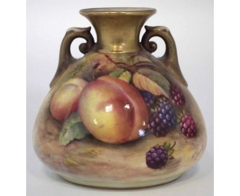 Small Royal Worcester twin handled vase signed Lockyer, painted with fallen fruits, shape H155, date code for 1930, 8cm high 