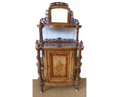 Victorian figured walnut side cabinet, mirror back above single shelf, raised on turned and moulded columns, box base with cu