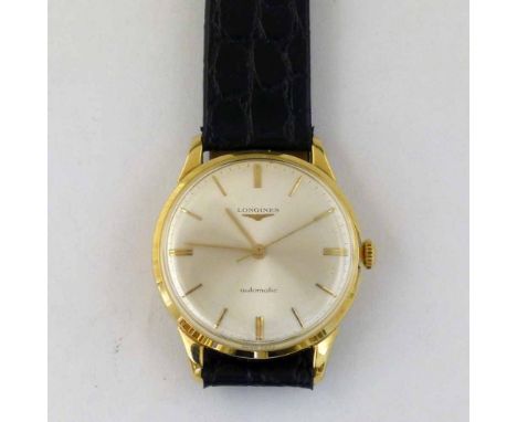 Longines Automatic 18ct gold man's watch, circa 1970, white satin dial, baton numerals, centre seconds, case 33mm, 24-jewel c