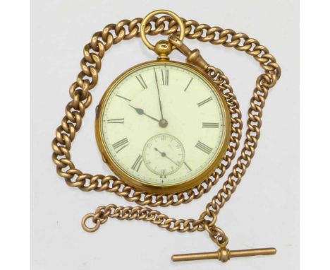 18ct gold open faced pocket watch, case London 1879, white enamel Roman dial, subsidiary seconds, hinged ¾ plate key-wind Eng