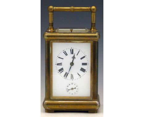 French brass hour repeating carriage clock, by Le Roy &amp; Fils, the electro-plated case with a white enamel face, Roman num