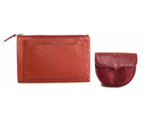 Hermes vintage leather Clarice coin purse wallet in orange with zip and open side pocket, 11.5 x 17.5 and a Cartier vintage l
