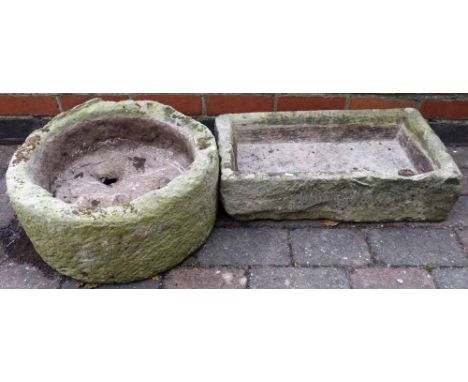 Circular sandstone trough 50cm diameter and small trough 63 x 34 x 15cm (2).