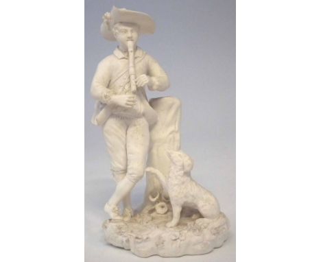 Biscuit porcelain figure probably Rockingham, modelled as a boy playing the recorder to his dog, mid 19th century, 19cm high 