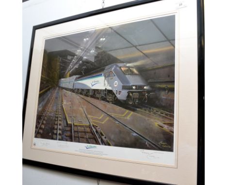 A limited edition 1994 commemorative Le Shuttle print, signed by the artist Terrance Cuneo, Eurotunnel Chairman, Sir Alastair