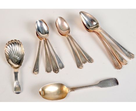 An Irish silver caddy spoon, a set of four coffee spoons with golf club, other spoons, 6.5ozs.