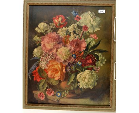 A coloured print of flowers after Lionel Ellis.