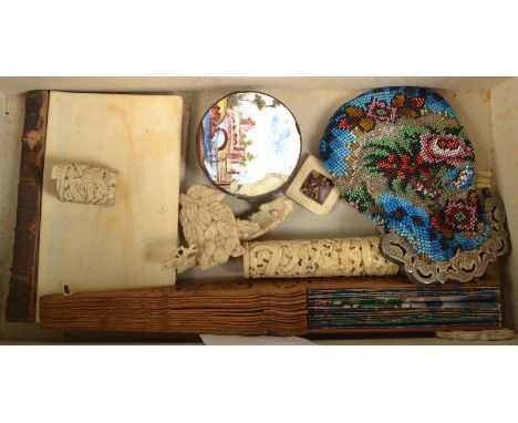 A 19th century bead purse with a Dutch silver coloured metal catch, an enamel box ivory, etc.