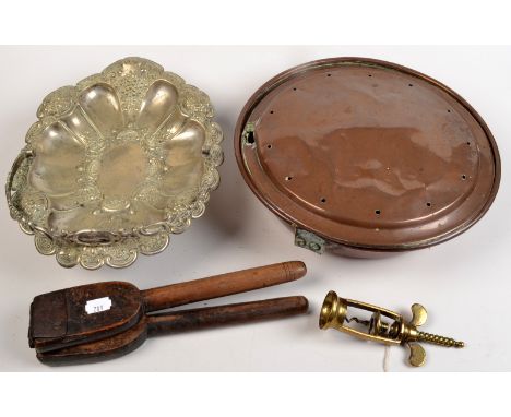 A 19th century wooden lemon squeezer and a brass cork screw with a helix etc.