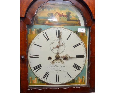 A Victorian eight day long case clock, the painted arched dial with a subsidiary seconds dial and calendar niche in a mahogan