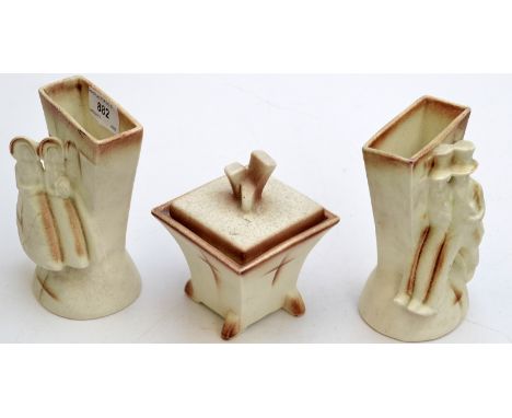A pair of William Goebel Art Deco vases and a matching lidded box.