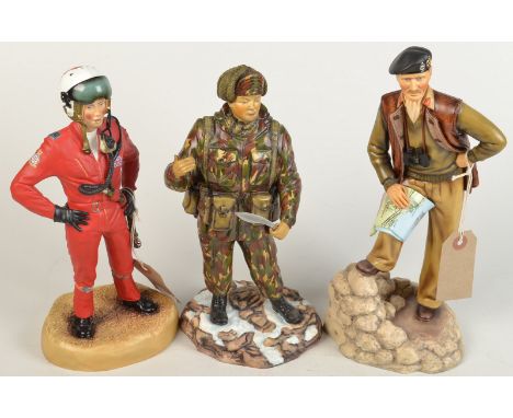 Three modern porcelain figures by Ashmor, Worcester, England, each boxed, they show Montgomery, a Gurkha and a pilot from The