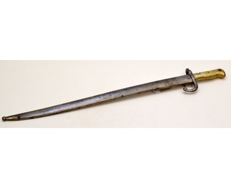 A French sword bayonet, engraved at the back of the blade, MRE NLE de Chat, Janvier 1871, with a steel scabbard, length inclu