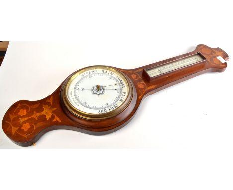 An Edwardian mahogany barometer/thermometer on an inlaid hardwood mount.