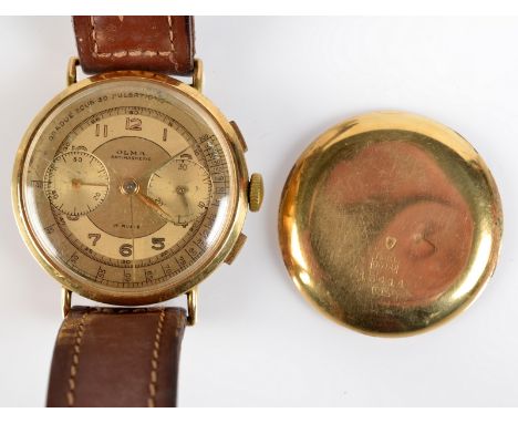 A Gentlemans 18ct gold cased wrist stop watch by Olma The dial inscribed 'Gradue Pour 30 Pulsations'  with subsidiary calenda
