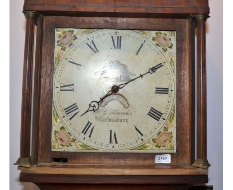 A 19th century long case clock, the white enamel dial painted with floral corners and a central house and with a calendar nic
