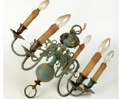 A pendant brass six branch light fitting.