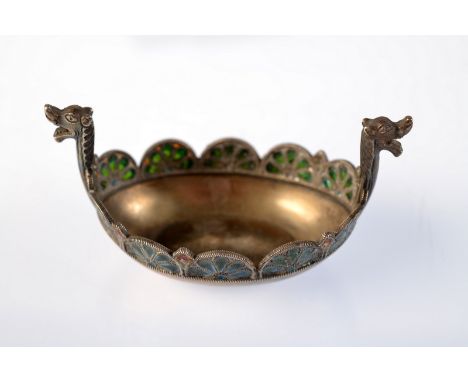 A silver Scandinavian boat formed salt, with plique a jour enamel decoration.