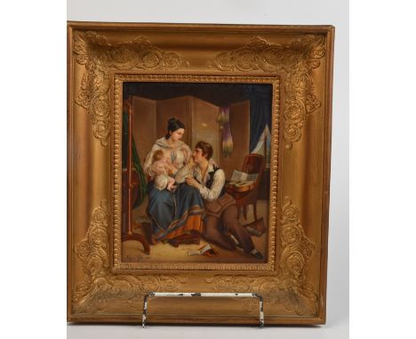 A 19th century enamel porcelain plaque showing a young family, he a musician, looks dotingly at his wife and their young chil