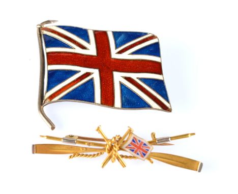 A gold and enamel rowing brooch, damage and a Union Jack brooch.