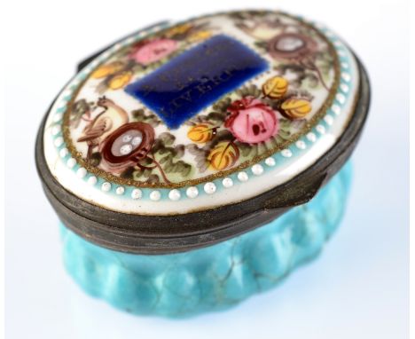 An early 19th century enamelled South Staffordshire patch box, the lid inscribed "A present from Liverpool"