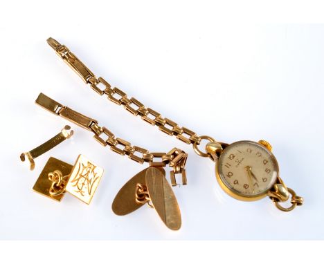 A ladies' Omega wristwatch, the expanding bracelet marked Premo 9ct., together with two gold cufflinks.