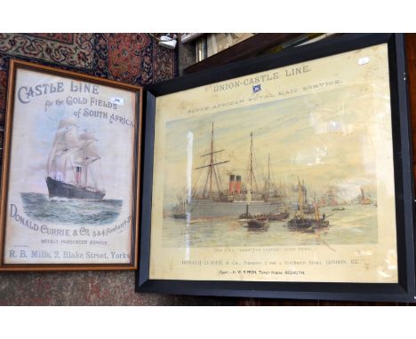 A framed poster advertising the Union Castle Line South African Royal Mail Service with a picture of the RMS Dunottar Castle 