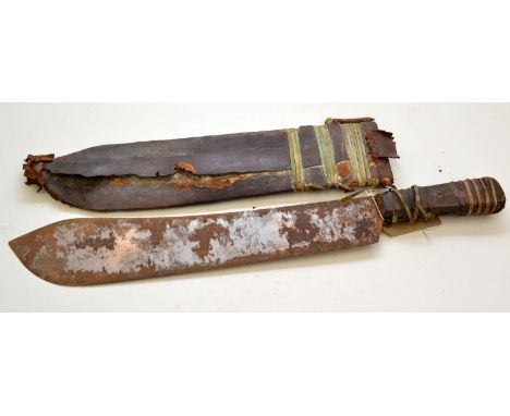 A native machete type knife with a leather handle and sheath.