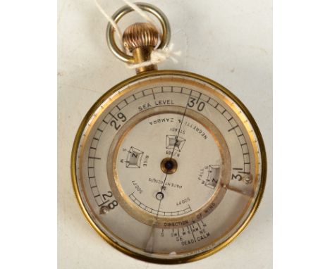 A Negretti & Zambra pocket barometer with sea level adjustment, subsidiary rise and fall windows and a wind direction scale, 